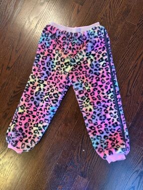 Fuzzy Rainbow Leopard Kids Joggers - Pink Multi